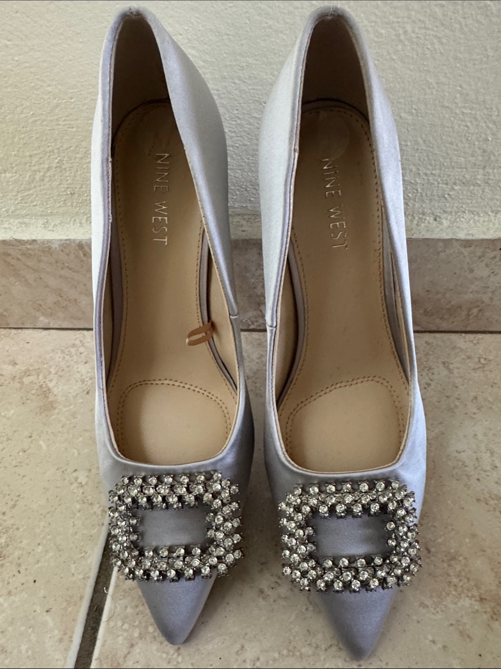 NWOT-Nine West Silver Satin Pointed Toe Pumps with Crystal Buckles